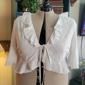 SHEIN White Ruffled Blouse with Eyelet Design